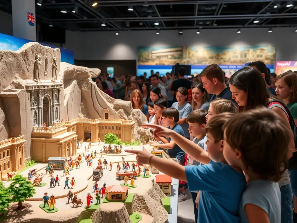 A photograph capturing visitors of all ages interacting with a large-scale Playmobil diorama at Playmo Marseille, showcasing a historical scene or a famous landmark recreated with Playmobil figures and buildings.