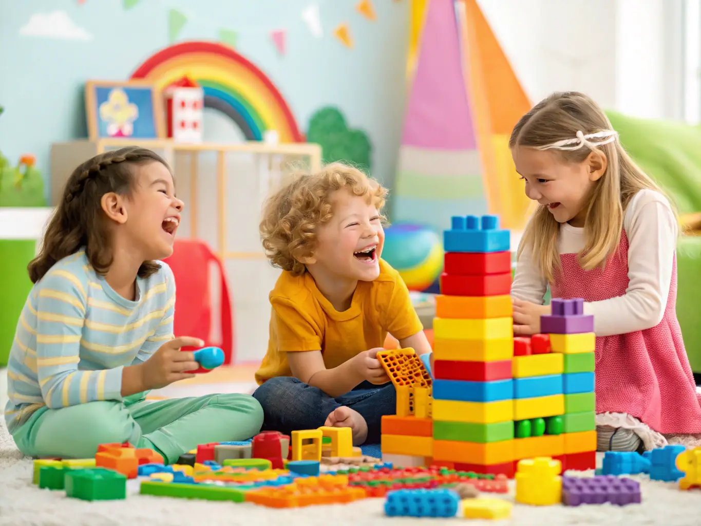 A vibrant image showcasing children participating in a Playmobil-themed workshop at Playmo Marseille, with colorful Playmobil figures and sets spread across the tables, capturing the excitement and engagement of the participants.